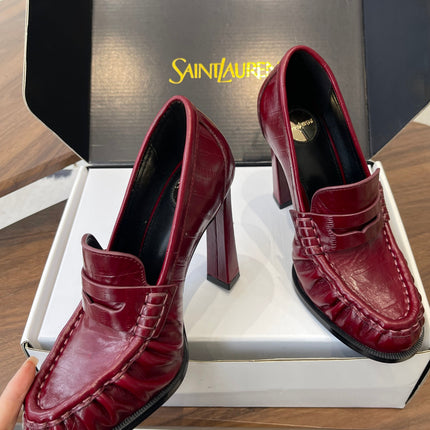 YSL 26S HEELED LOAFERS 100 MM IN DARK RED SHINY CALFSKIN