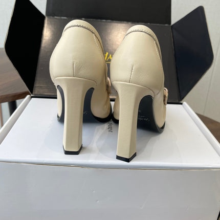 YSL 26S HEELED LOAFERS 100 MM IN SOFT OFF-WHITE CALFSKIN