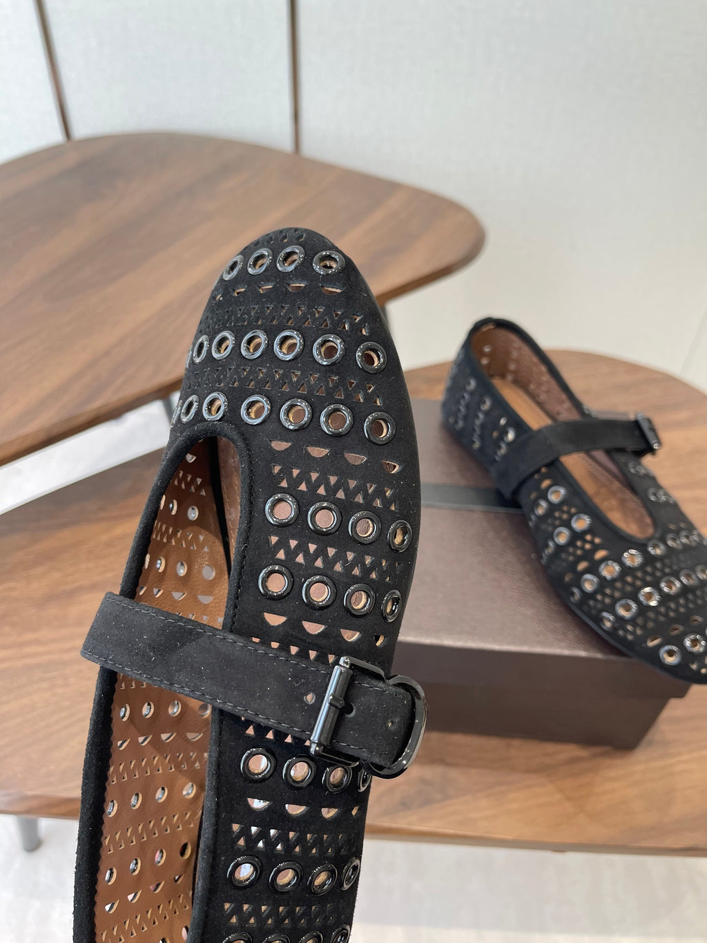 ALAIA 26S MARY JANE FLATS IN BLACK SUEDE