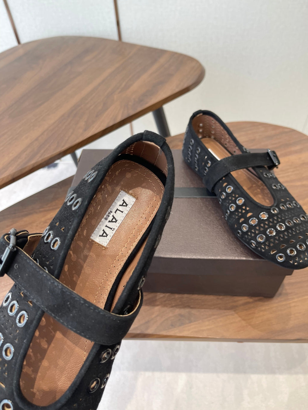 ALAIA 26S MARY JANE FLATS IN BLACK SUEDE