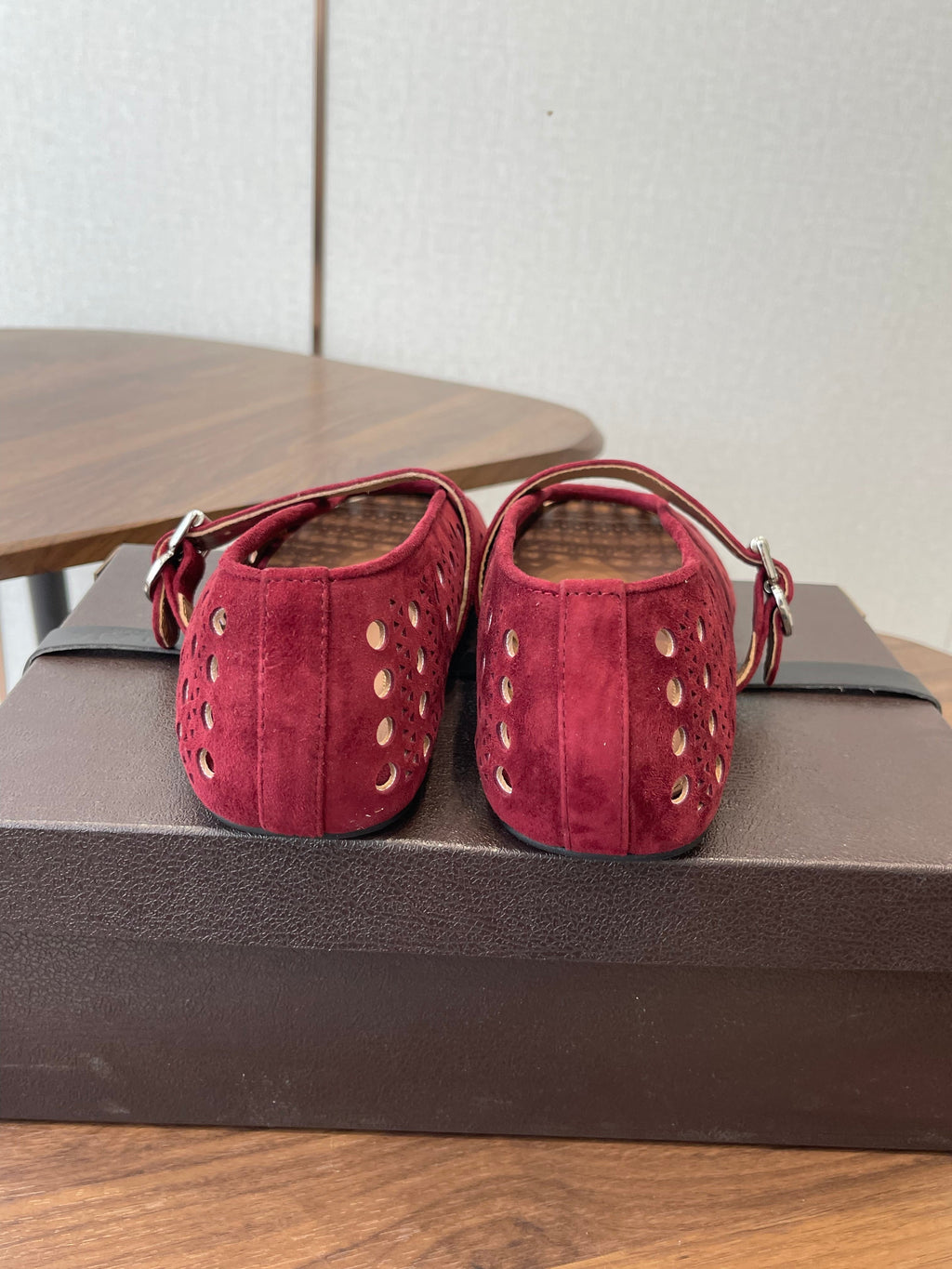ALAIA 26S MARY JANE FLATS IN DARK RED SUEDE