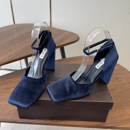 ALAIA 26S SQUARE-TOE HIGH HEELS 95 MM IN NAVY BLUE SUEDE