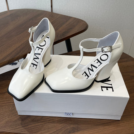 LOEWE 26S ONDA 90MM T-STRAP HIGH-HEEL SHOES IN WHITE GLOSSY CALFSKIN