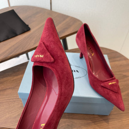 PRADA 26S POINTED TOE HIGH HEELS 75MM IN DARK RED SUEDE WITH LOGO