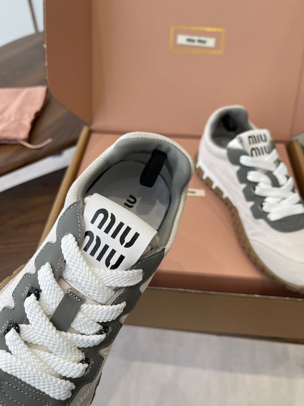 MIUMIU 26S SNEAKERS IN WHITE AND GRAY FABRIC AND SUEDE