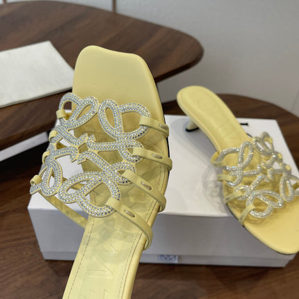 LOEWE 26S HIGH HEEL SANDALS IN BUTTER YELLOW CALFSKIN WITH CRYSTALS