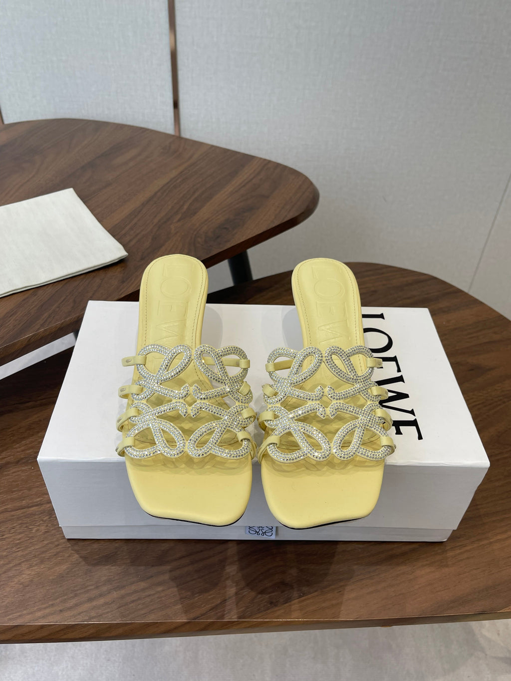 LOEWE 26S HIGH HEEL SANDALS IN BUTTER YELLOW CALFSKIN WITH CRYSTALS