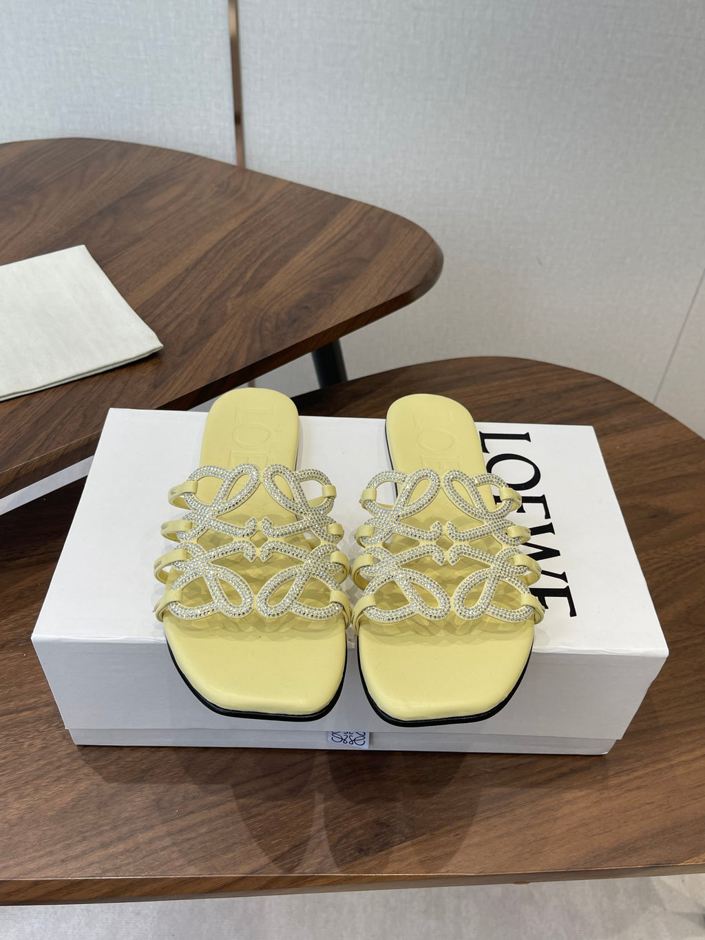 LOEWE 26S FLAT SANDALS IN YELLOW CALFSKIN WITH CRYSTALS