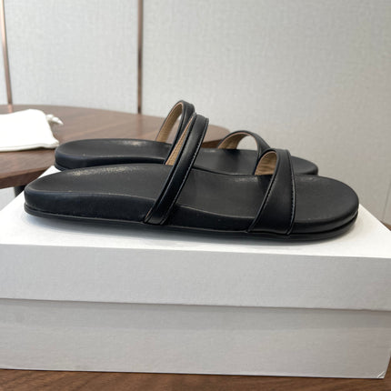THE ROW 26S DOUBLE STRAP FLAT SANDALS IN BLACK CALFSKIN