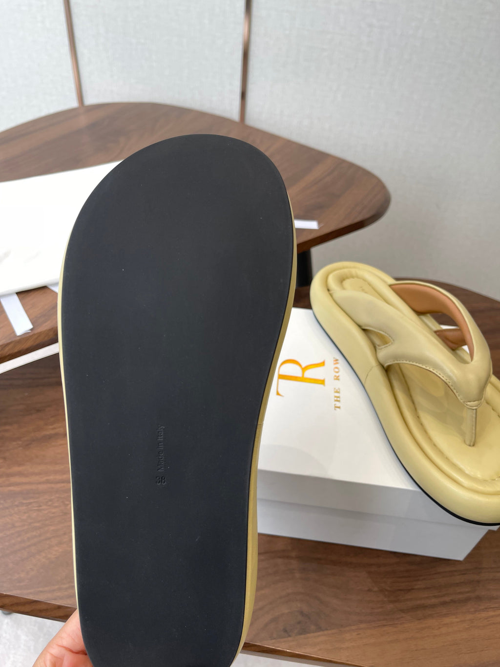 THE ROW 26S PUFFED THONG SANDALS IN BUTTER YELLOW CALFSKIN