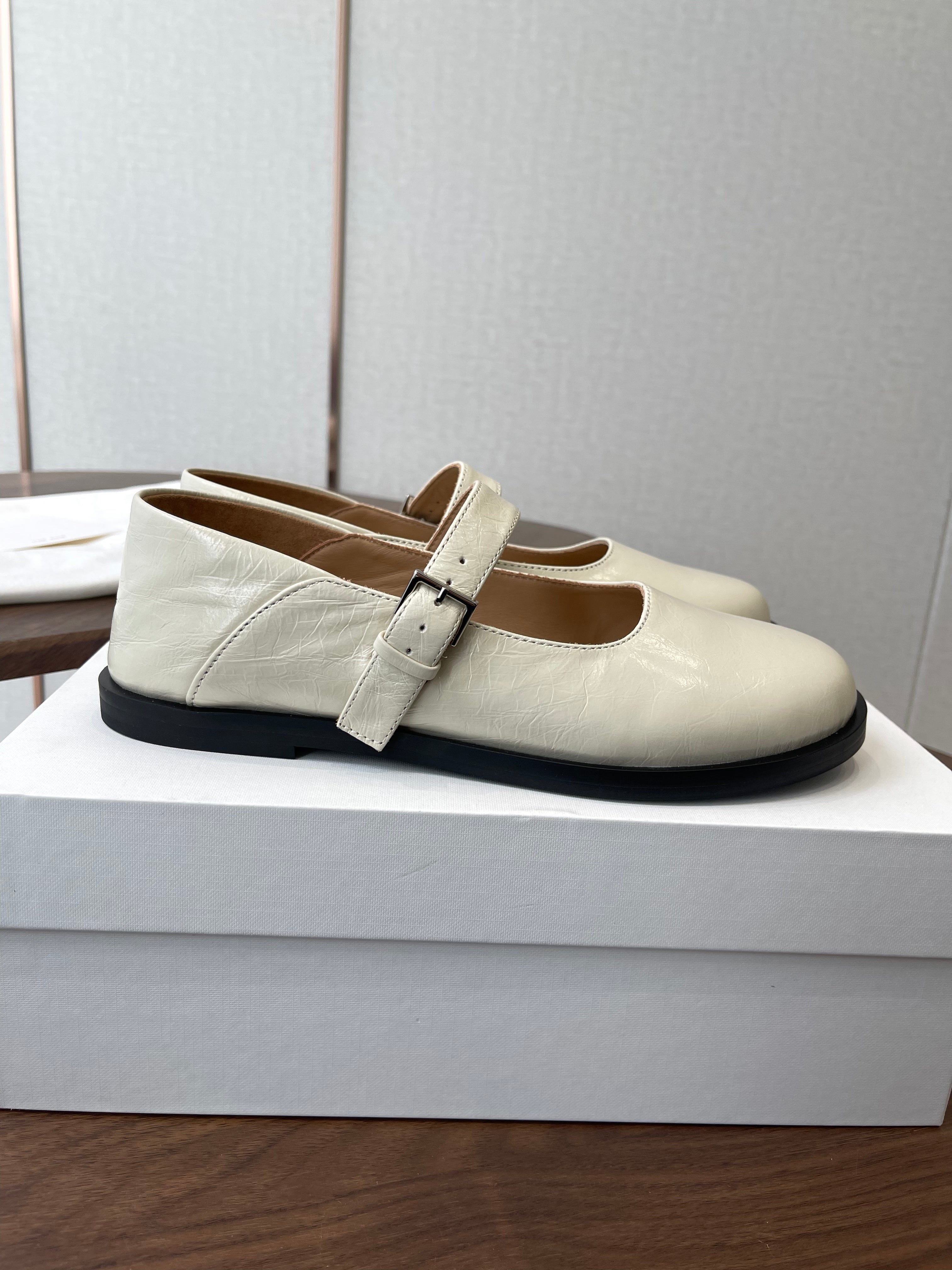 THE ROW 26S MARY JANE FLATS IN WHITE PATENT CALFSKIN