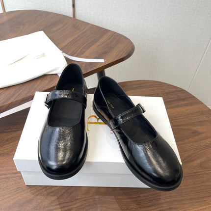 THE ROW 26S MARY JANE FLATS IN BLACK PATENT CALFSKIN