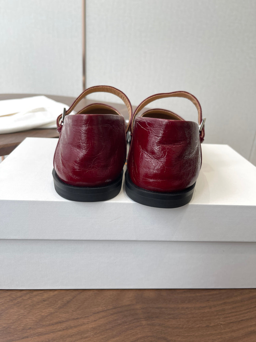 THE ROW 26S MARY JANE FLATS IN DARK RED PATENT CALFSKIN