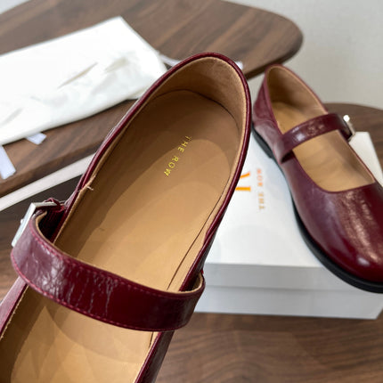 THE ROW 26S MARY JANE FLATS IN DARK RED PATENT CALFSKIN