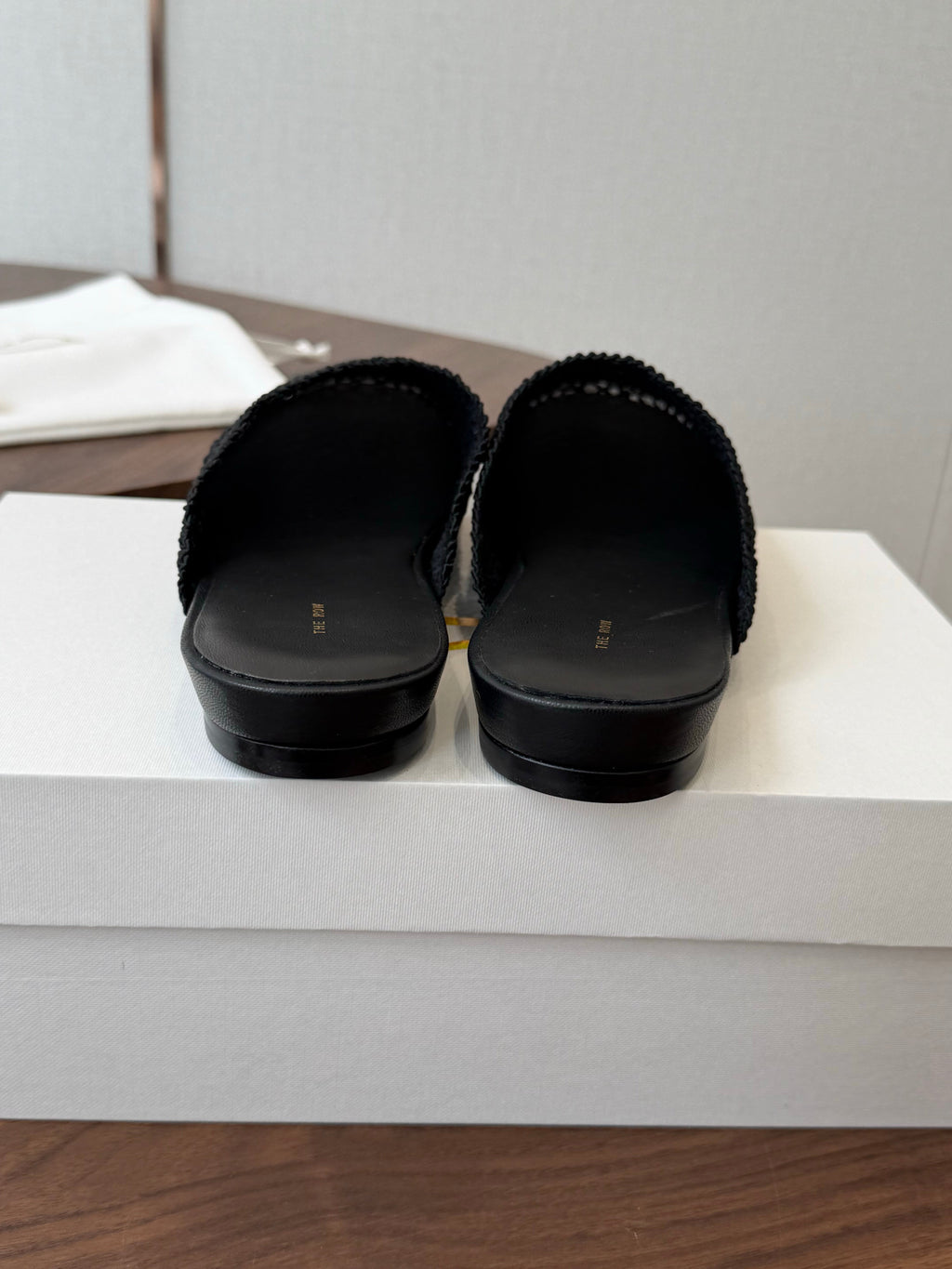 THE ROW 26S MULE FLATS IN BLACK CROCHET MESH