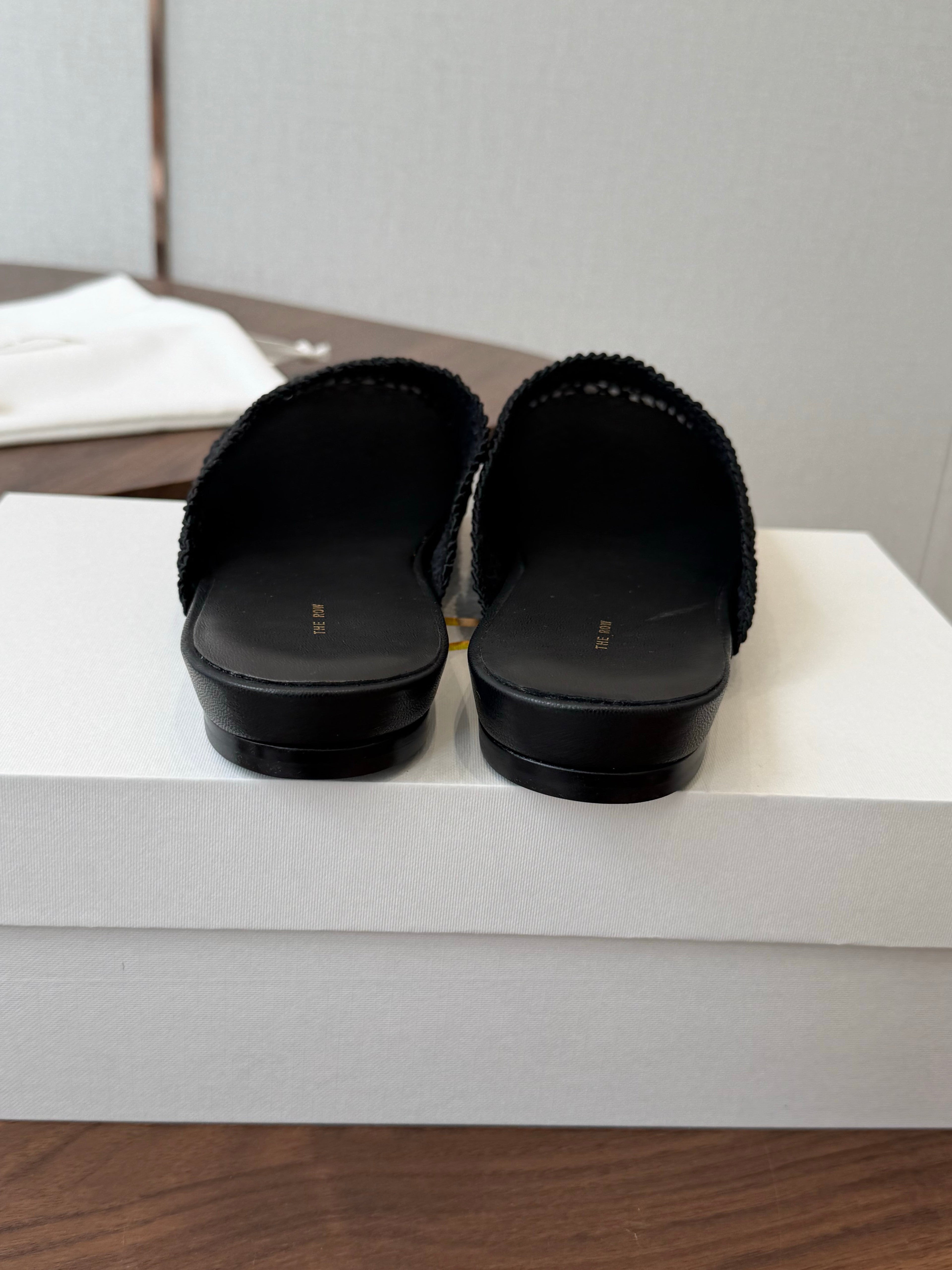 THE ROW 26S MULE FLATS IN BLACK CROCHET MESH