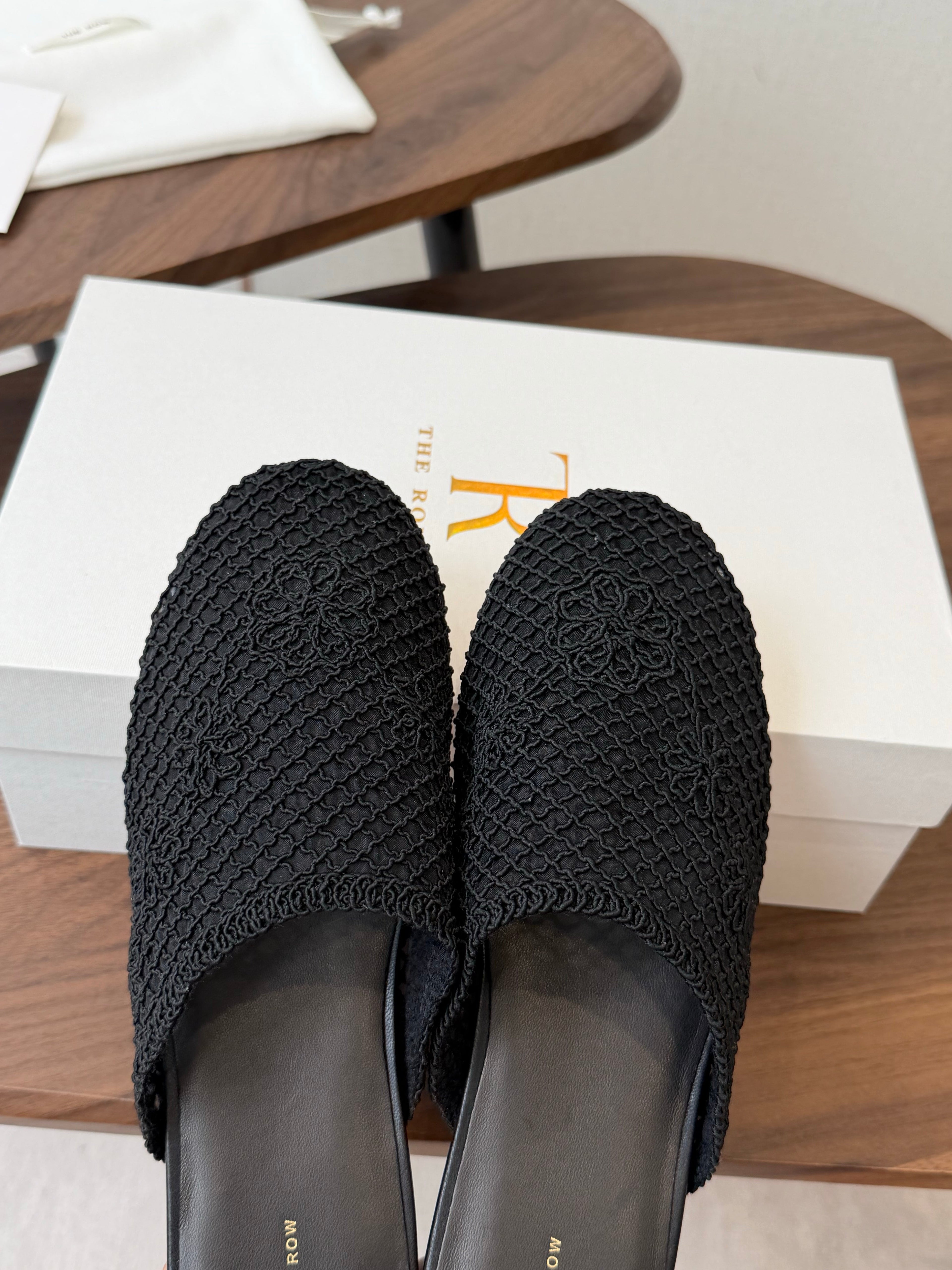 THE ROW 26S MULE FLATS IN BLACK CROCHET MESH