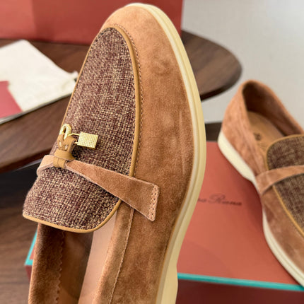 LP 26S LOAFERS IN CARAMEL BROWN SUEDE & FABRIC GOLD HARDWARE