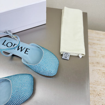 LOEWE 26S CRYSTAL-EMBELLISHED SLINGBACK FLAT PUMPS IN LIGHT BLUE CALFSKIN
