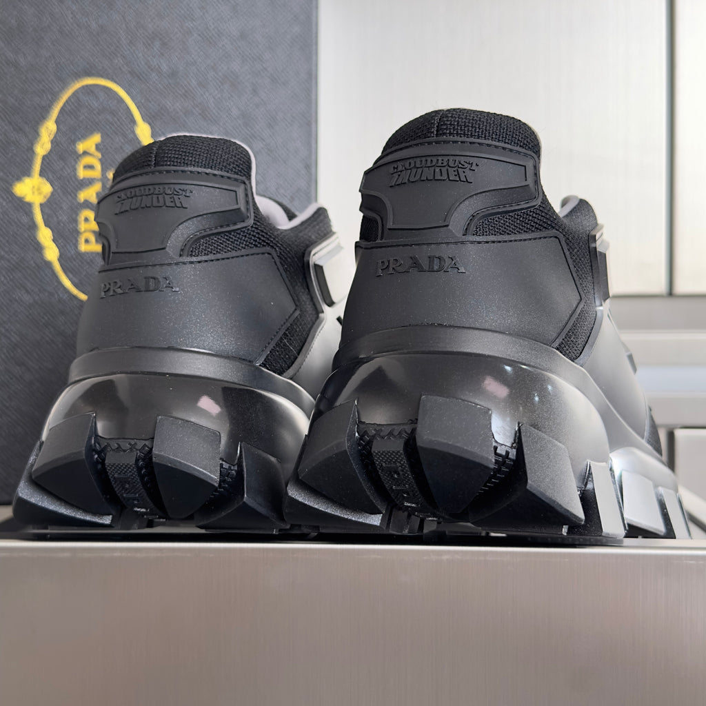 PRADA 26S CLOUDBUST THUNDER SNEAKERS 60MM IN BLACK AND SILVER MESH FABRIC AND TPU