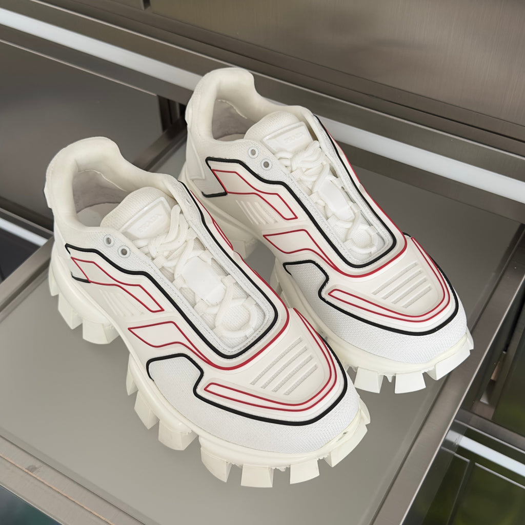 PRADA 26S CLOUDBUST THUNDER SNEAKERS 60MM IN WHITE AND RED MESH FABRIC AND TPU