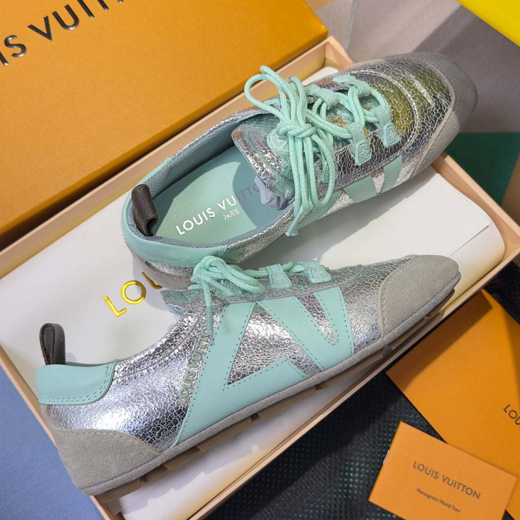 LV 26S SNEAKERINA SNEAKERS IN SILVER MINT GREEN CALFSKIN AND SUEDE