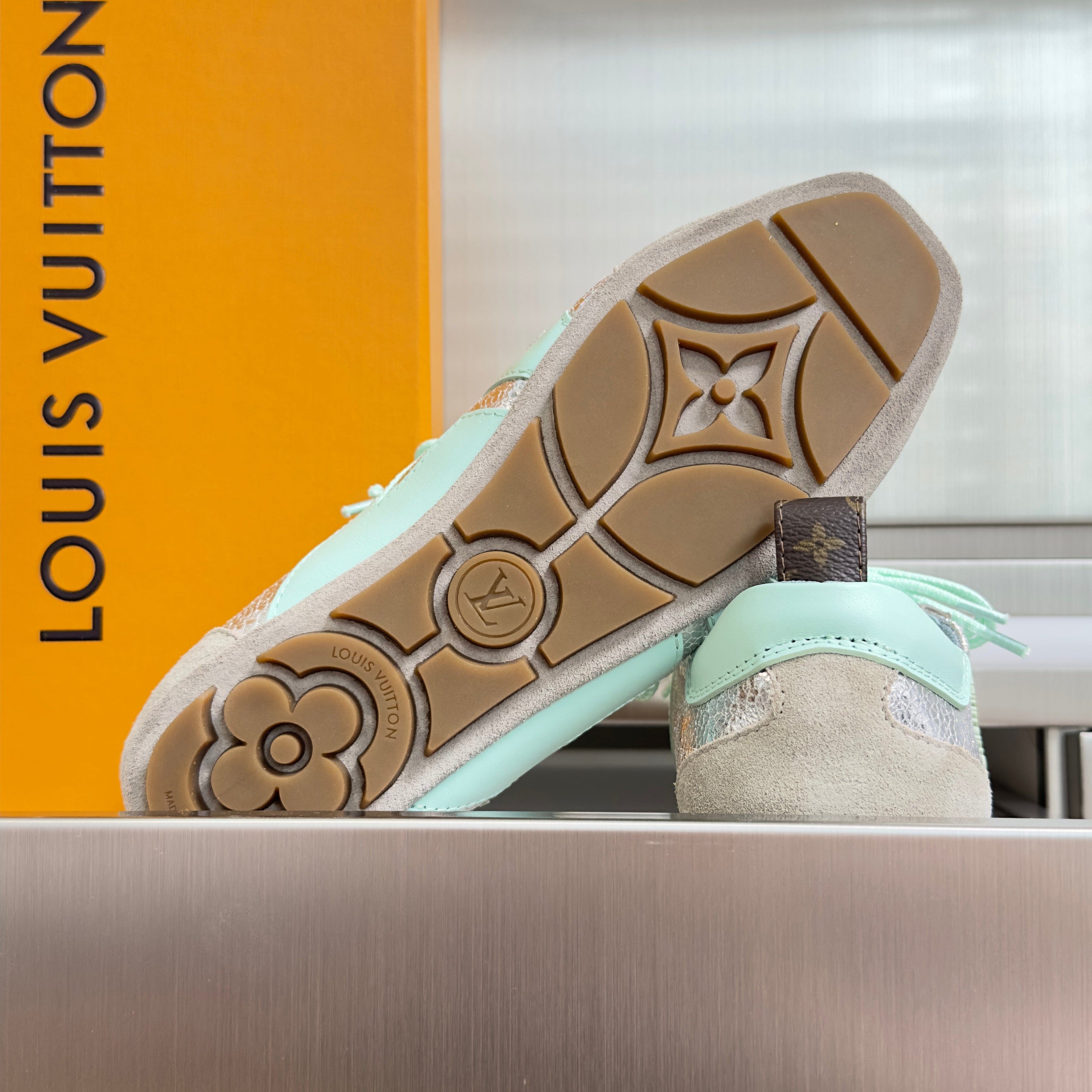 LV 26S SNEAKERINA SNEAKERS IN SILVER MINT GREEN CALFSKIN AND SUEDE