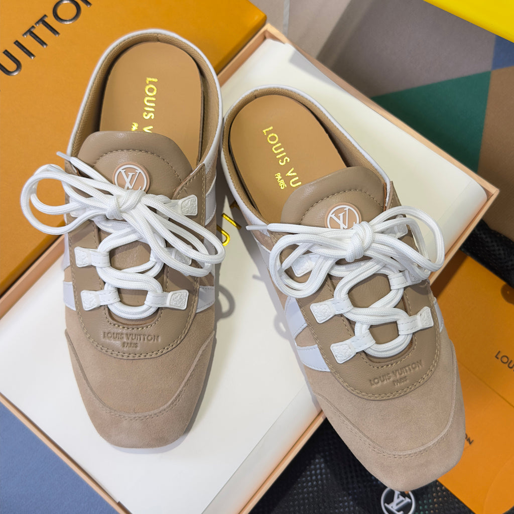 LV 26S LACE UP MULE SNEAKERS IN LIGHT BROWN SUEDE AND CALFSKIN