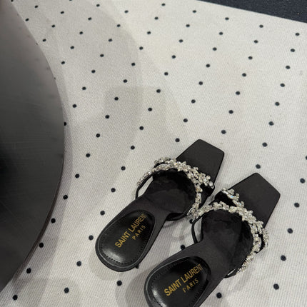 HIGH RHINESTONE CROSS STRAP MULES IN BLACK SILK