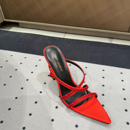 HIGH CRYSTAL STRAP SANDALS IN RED SILK