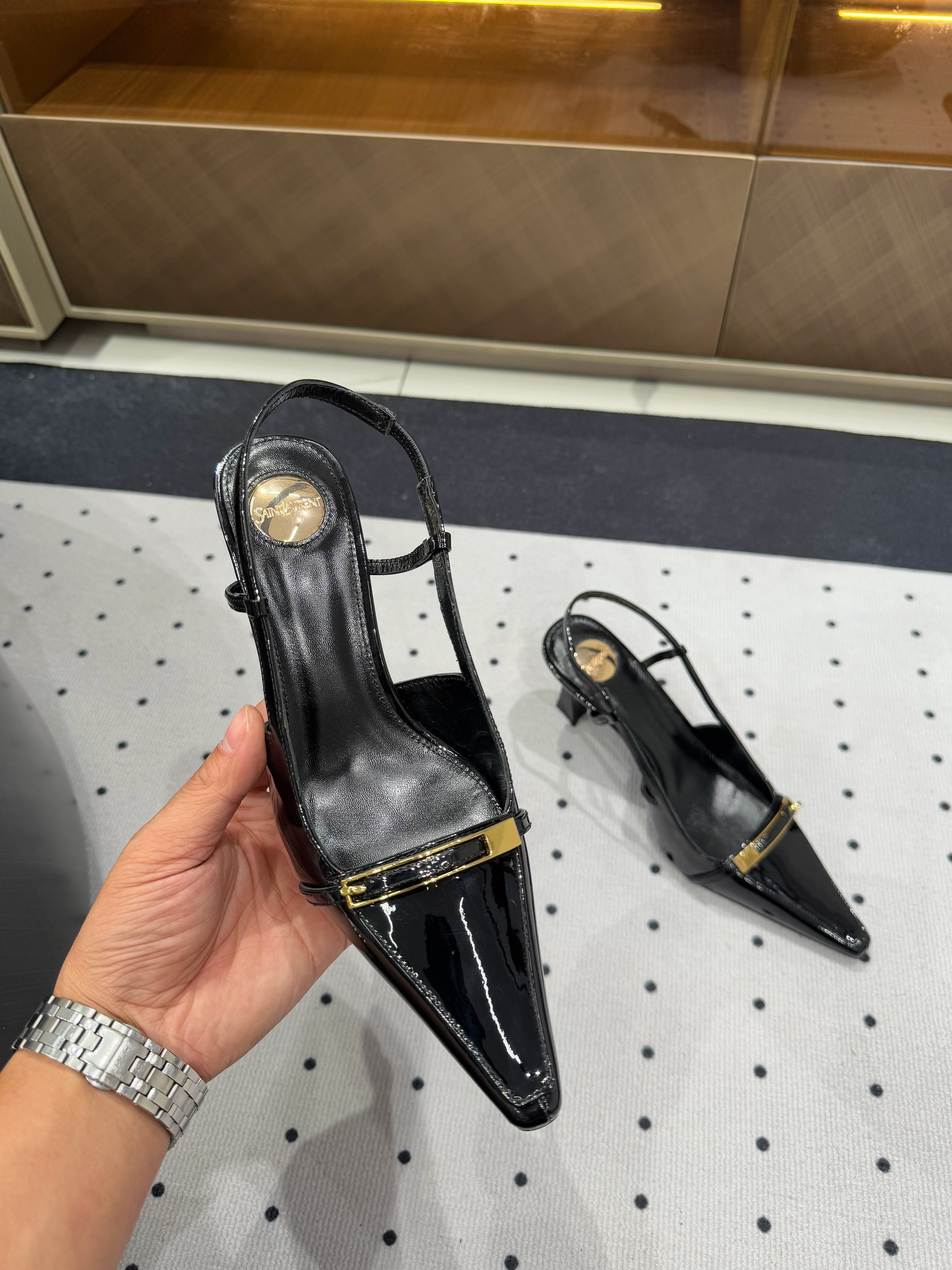 YSL 26S HEELED SLINGBACKS 75 MM IN BLACK GLOSSY CALFSKIN