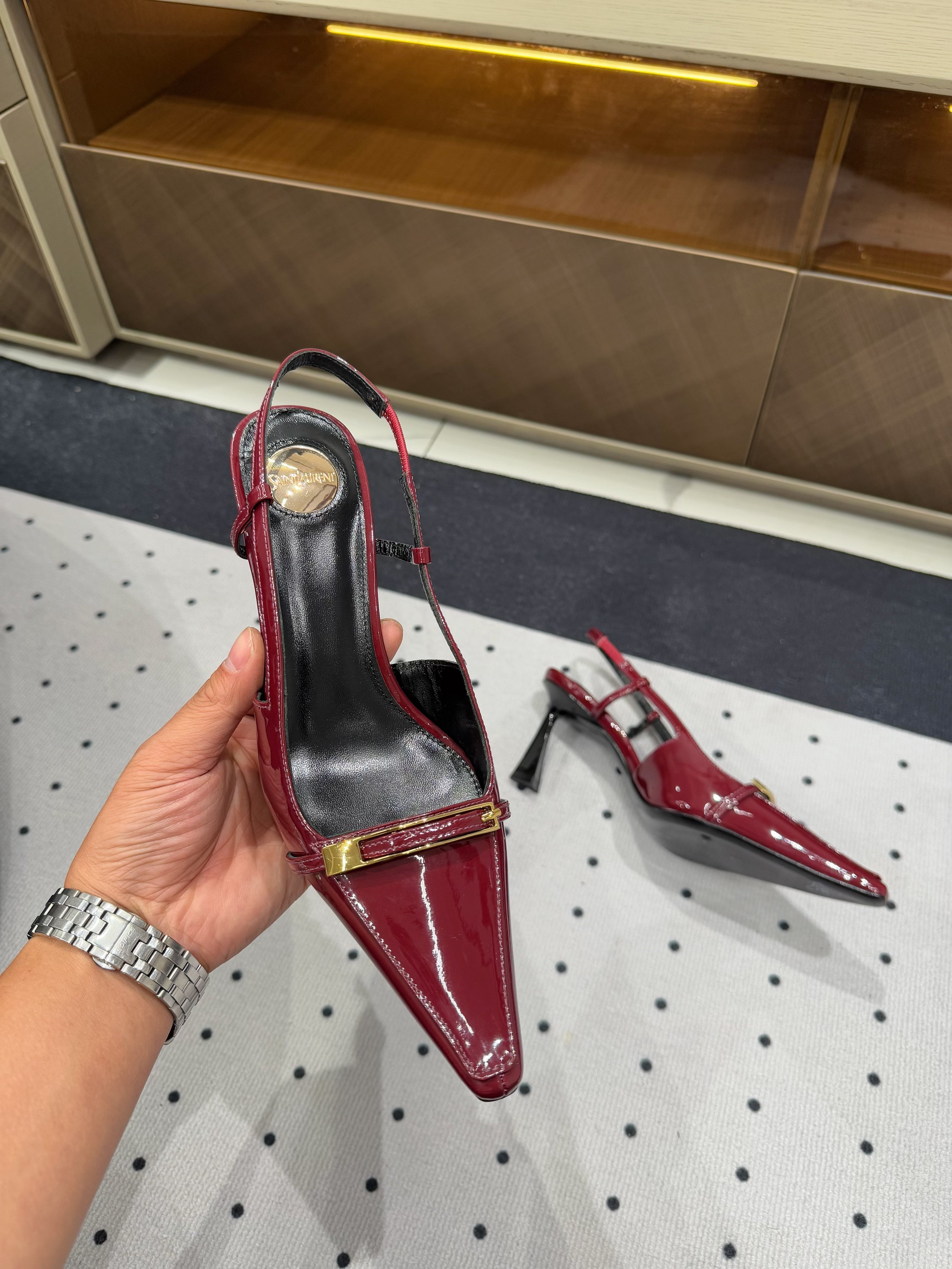 YSL 26S HEELED SLINGBACKS 75 MM IN DARK RED GLOSSY CALFSKIN