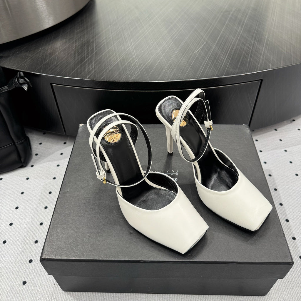 YSL 26S SQUARE-TOE HIGH HEELS 105 MM IN WHITE CALFSKIN