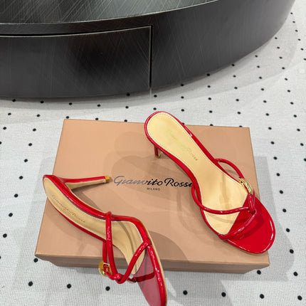 GIANVITO ROSSI 26S STRAPPY HEEL SANDALS 80 MM IN RED PATENT LAMBSKIN
