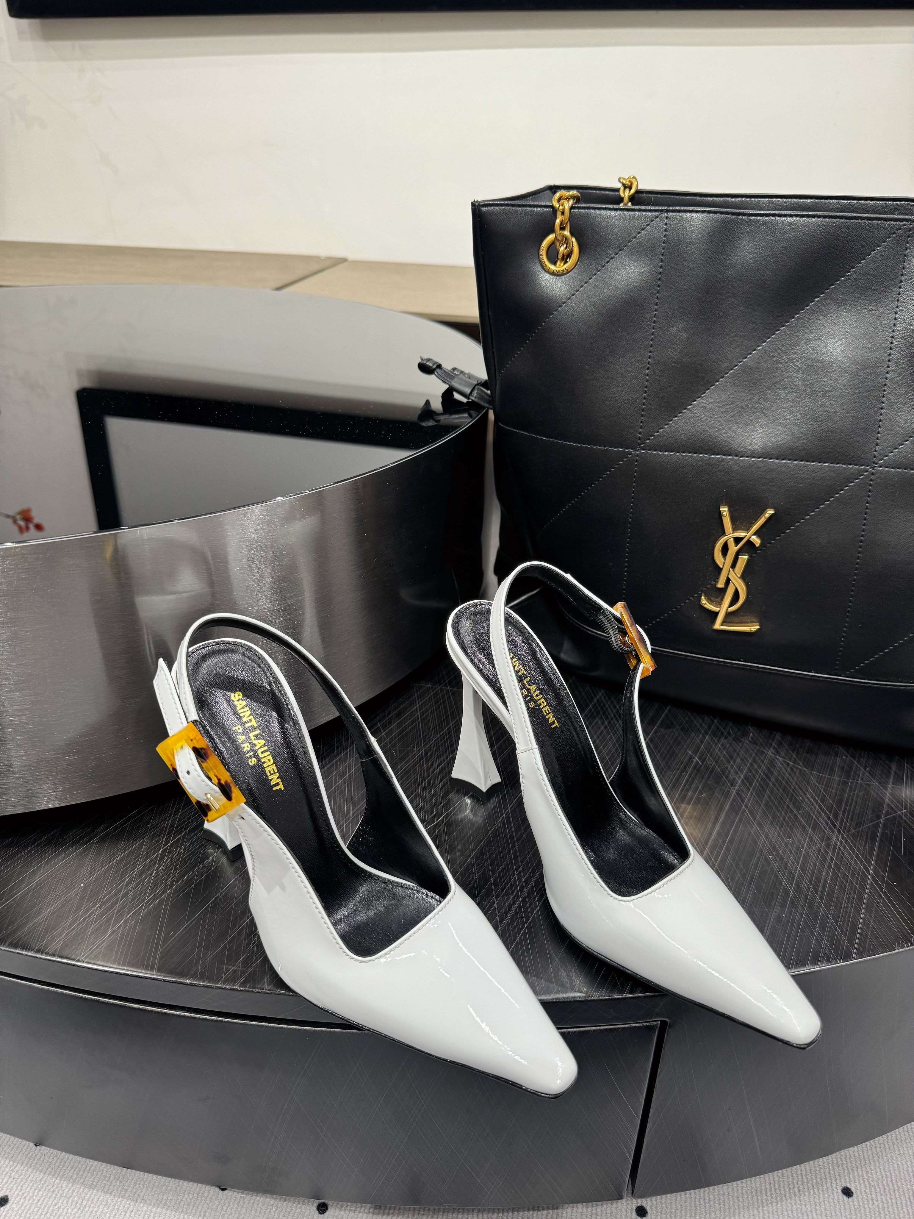 YSL 26S SLINGBACK HEELS 105 MM IN WHITE GLOSSY CALFSKIN WITH BUCKLE CLOSURE