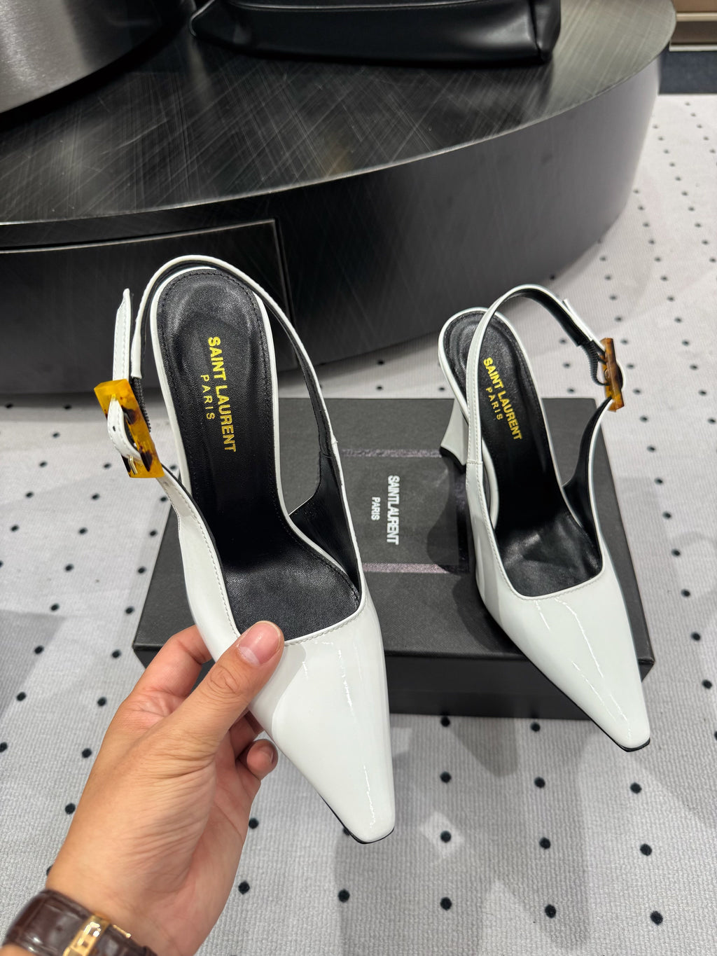 YSL 26S SLINGBACK HEELS 105 MM IN WHITE GLOSSY CALFSKIN WITH BUCKLE CLOSURE