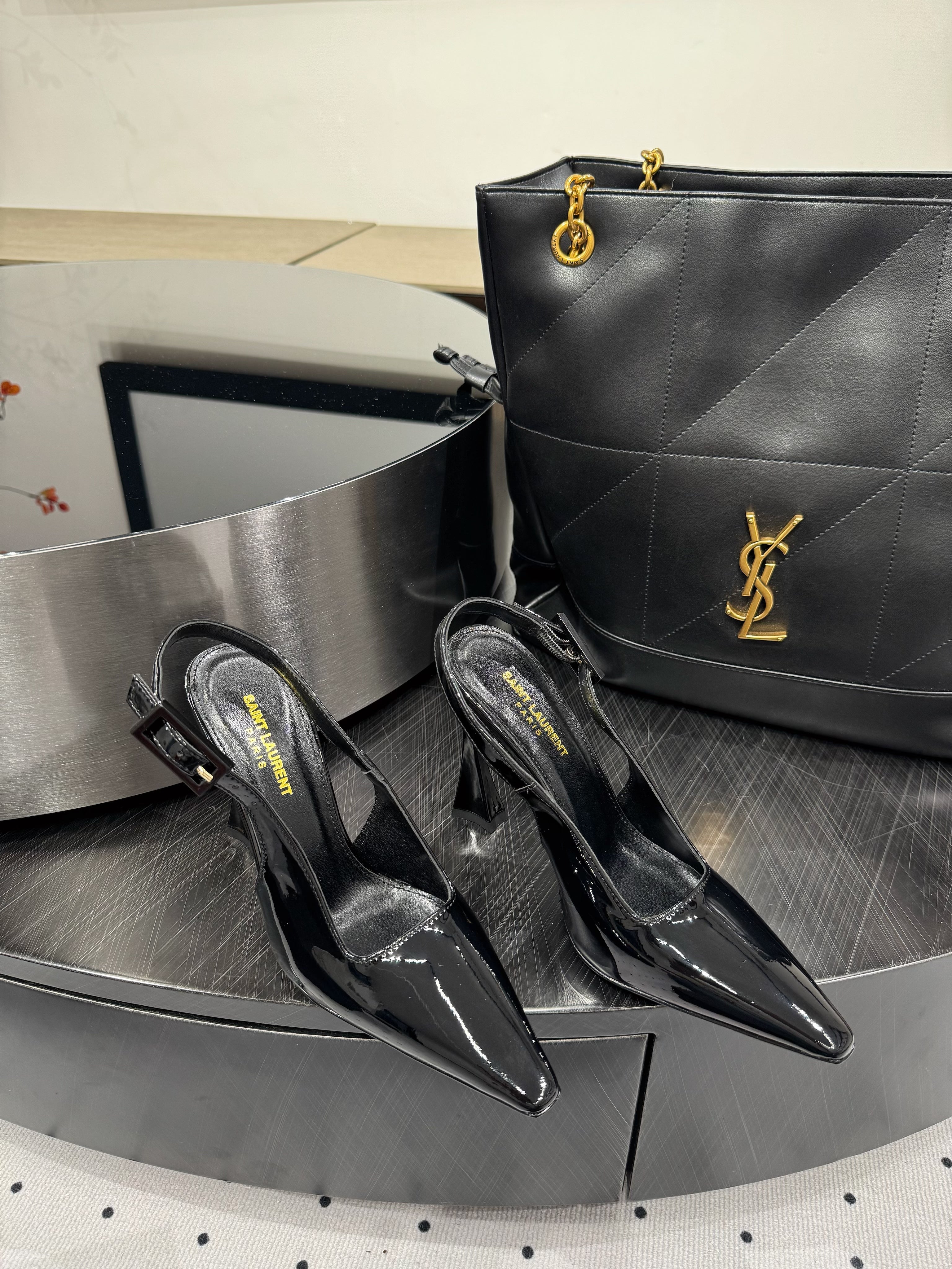 YSL 26S SLINGBACK HEELS 105 MM IN BLACK GLOSSY CALFSKIN WITH BUCKLE CLOSURE