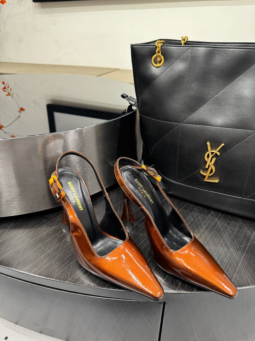 YSL 26S SLINGBACK HEELS 105 MM IN DARK ORANGE GLOSSY CALFSKIN WITH BUCKLE CLOSURE