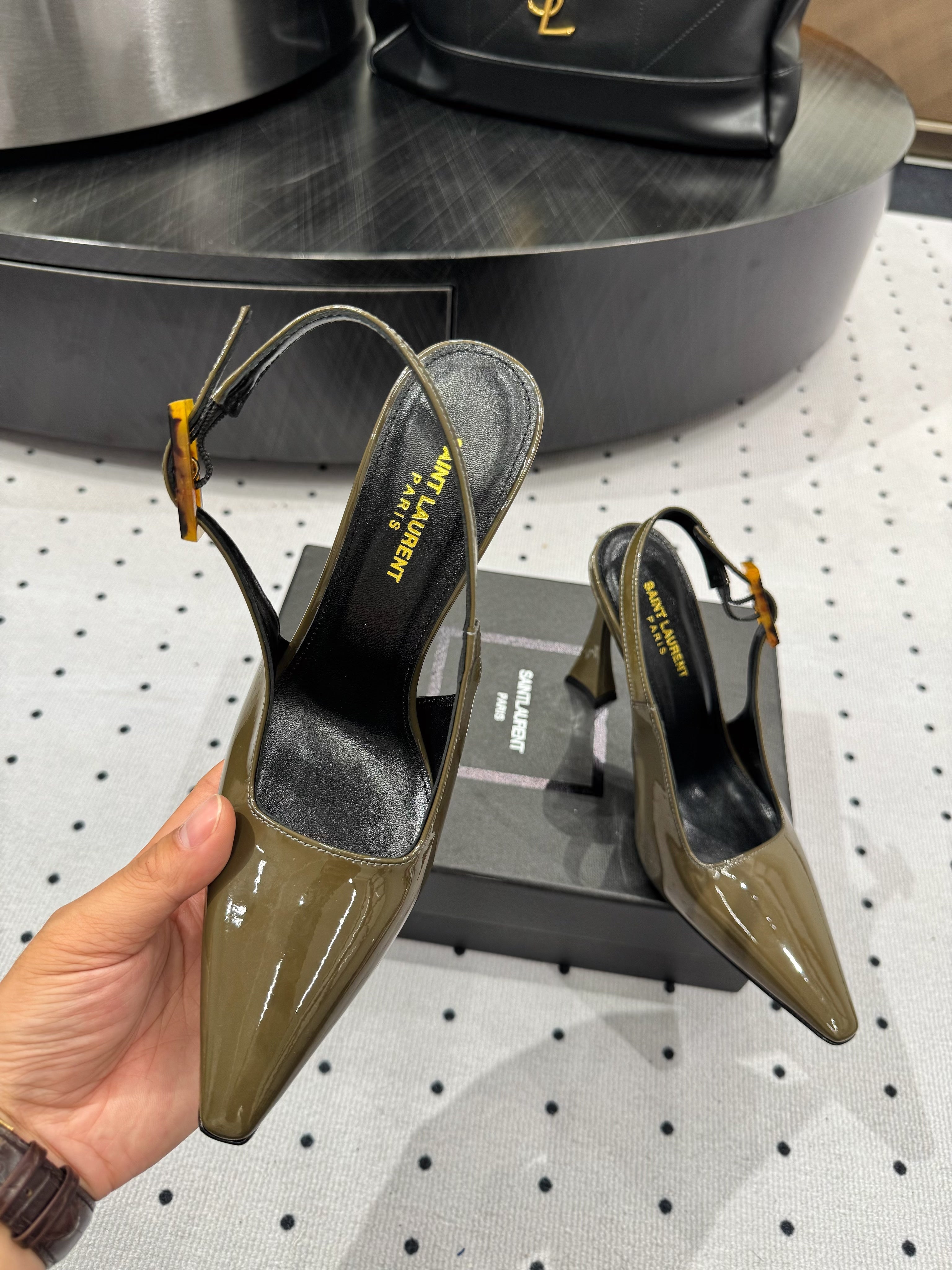 YSL 26S SLINGBACK HEELS 105 MM IN OLIVE GREEN GLOSSY CALFSKIN WITH BUCKLE CLOSURE
