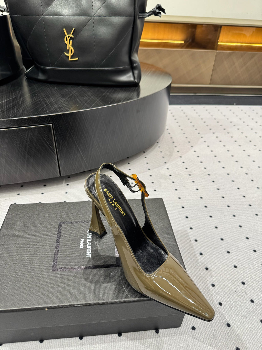 YSL 26S SLINGBACK HEELS 105 MM IN OLIVE GREEN GLOSSY CALFSKIN WITH BUCKLE CLOSURE