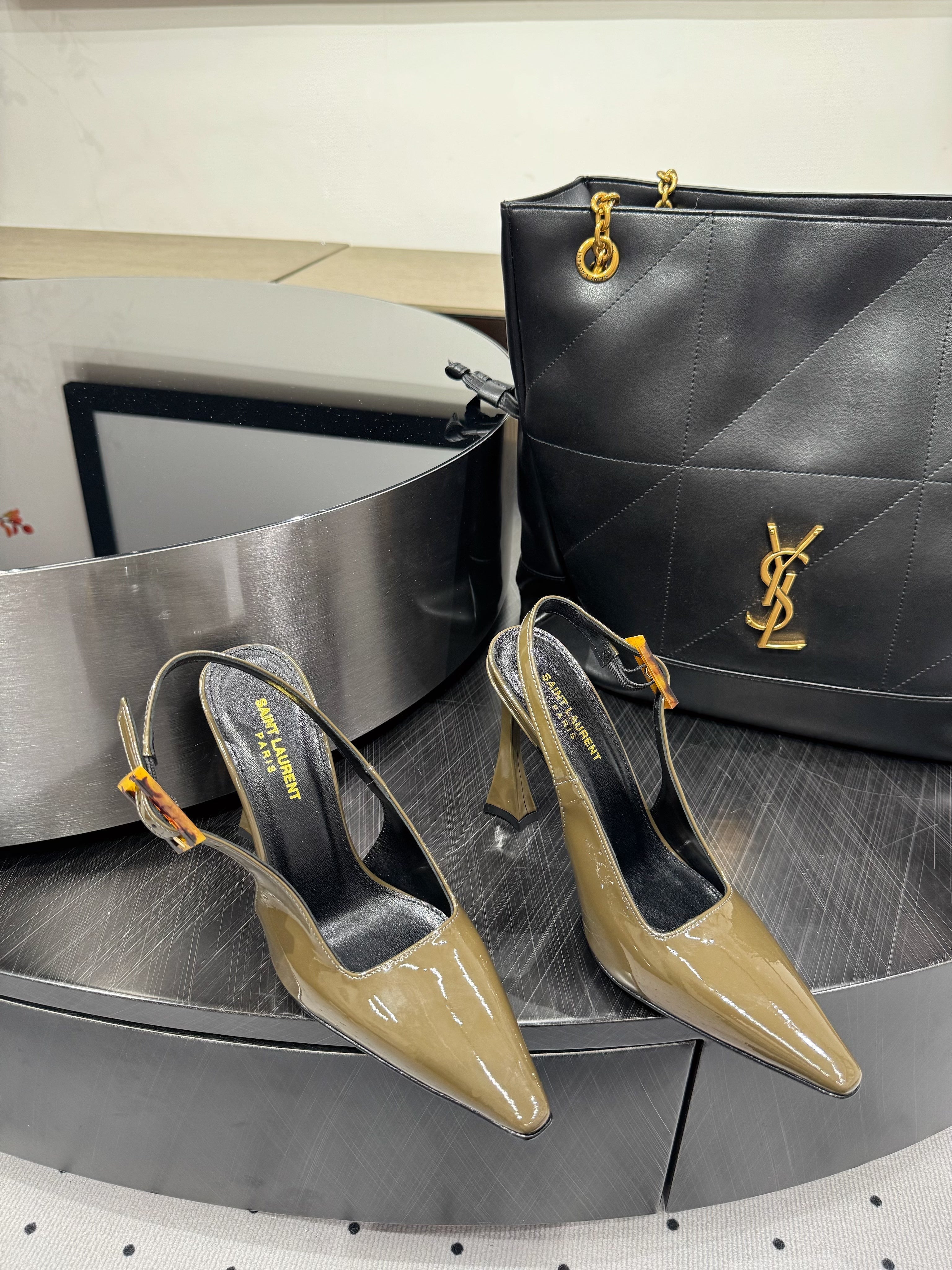 YSL 26S SLINGBACK HEELS 105 MM IN OLIVE GREEN GLOSSY CALFSKIN WITH BUCKLE CLOSURE