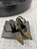 YSL 26S SLINGBACK HEELS 105 MM IN OLIVE GREEN GLOSSY CALFSKIN WITH BUCKLE CLOSURE