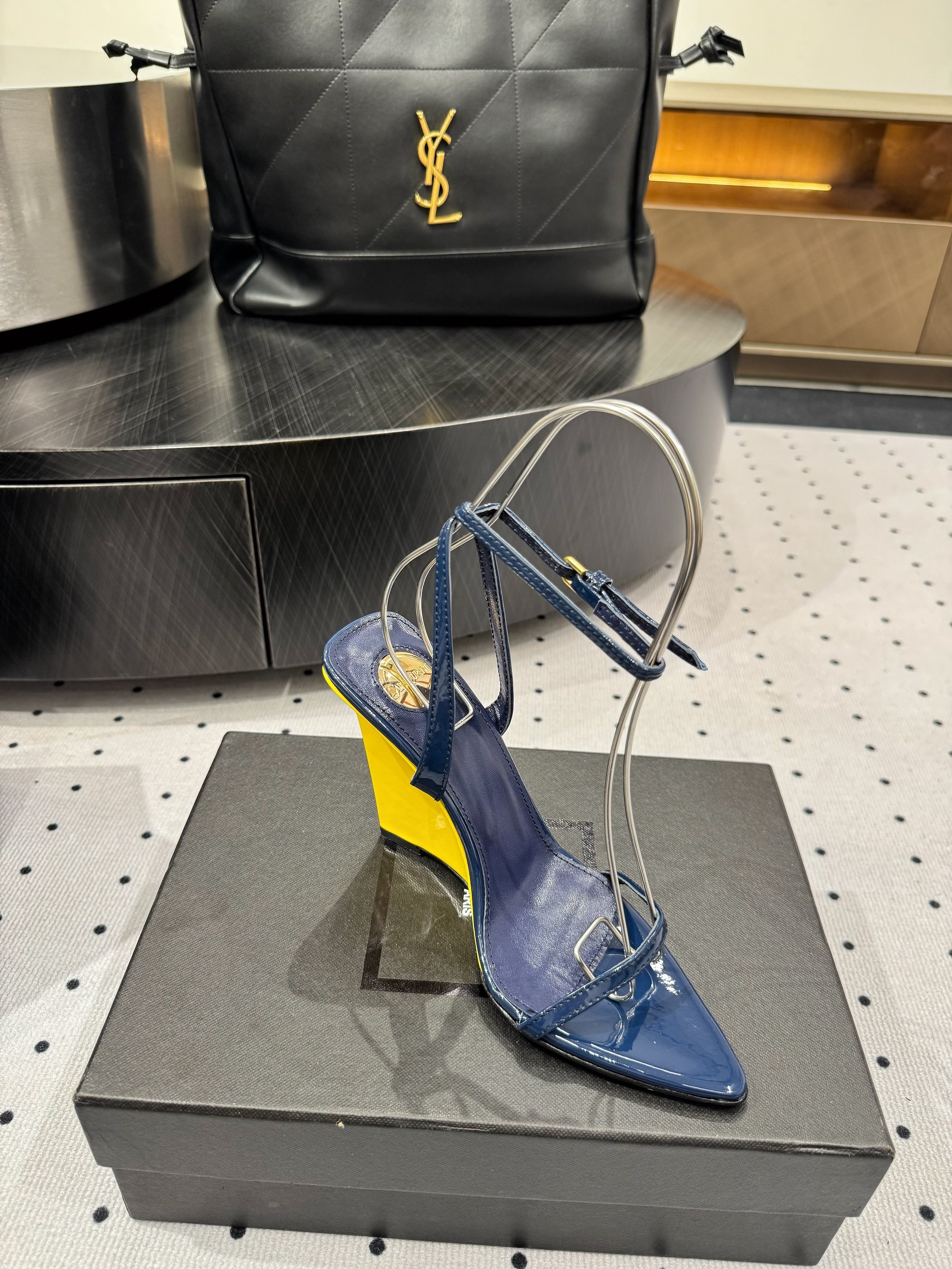 YSL 26S WEDGE HEELS 105 MM IN NAVY BLUE GLOSSY CALFSKIN