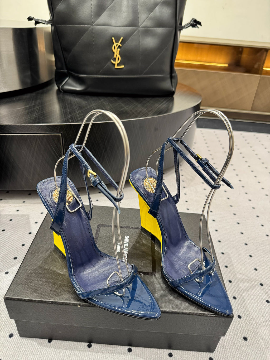 YSL 26S WEDGE HEELS 105 MM IN NAVY BLUE GLOSSY CALFSKIN