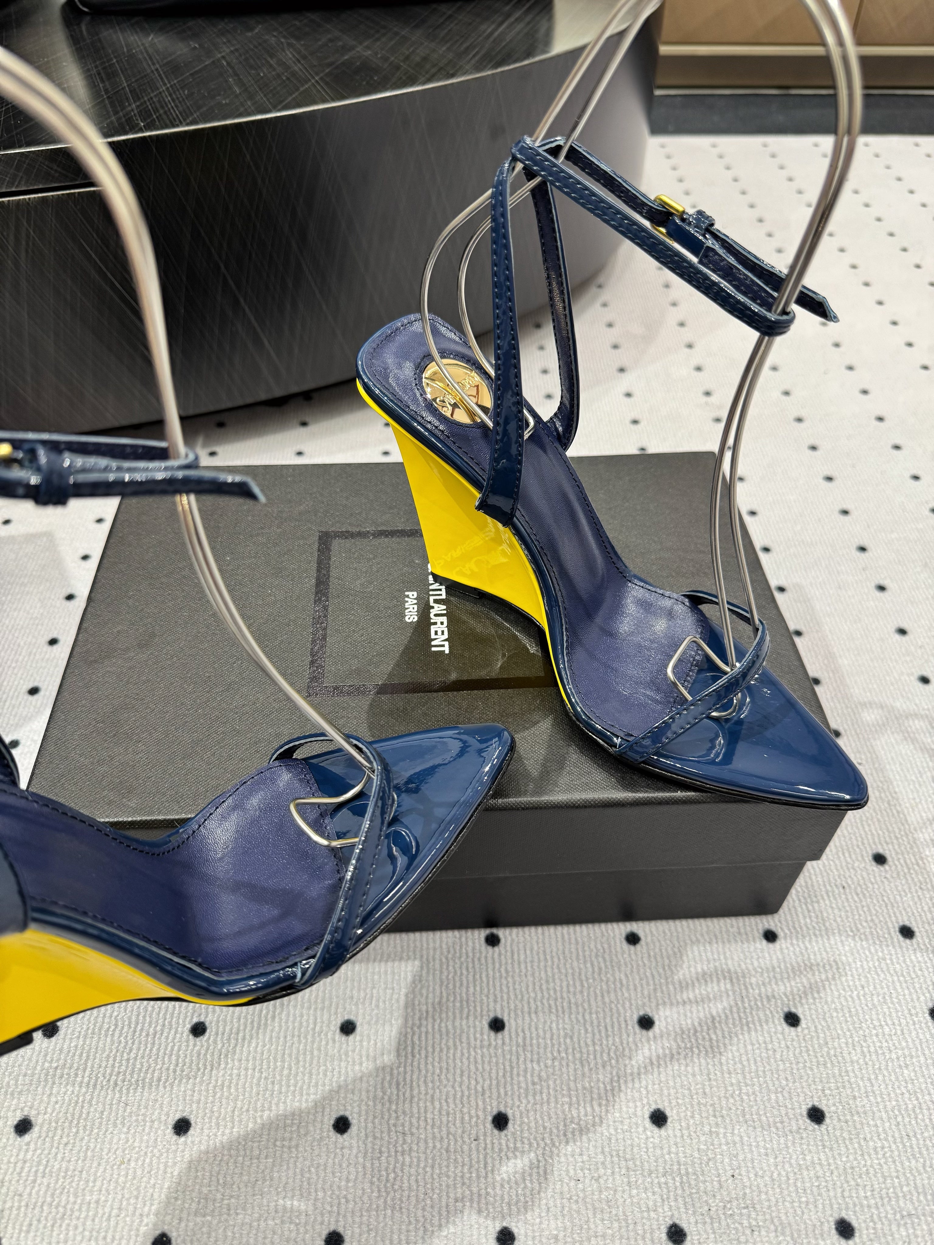 YSL 26S WEDGE HEELS 105 MM IN NAVY BLUE GLOSSY CALFSKIN