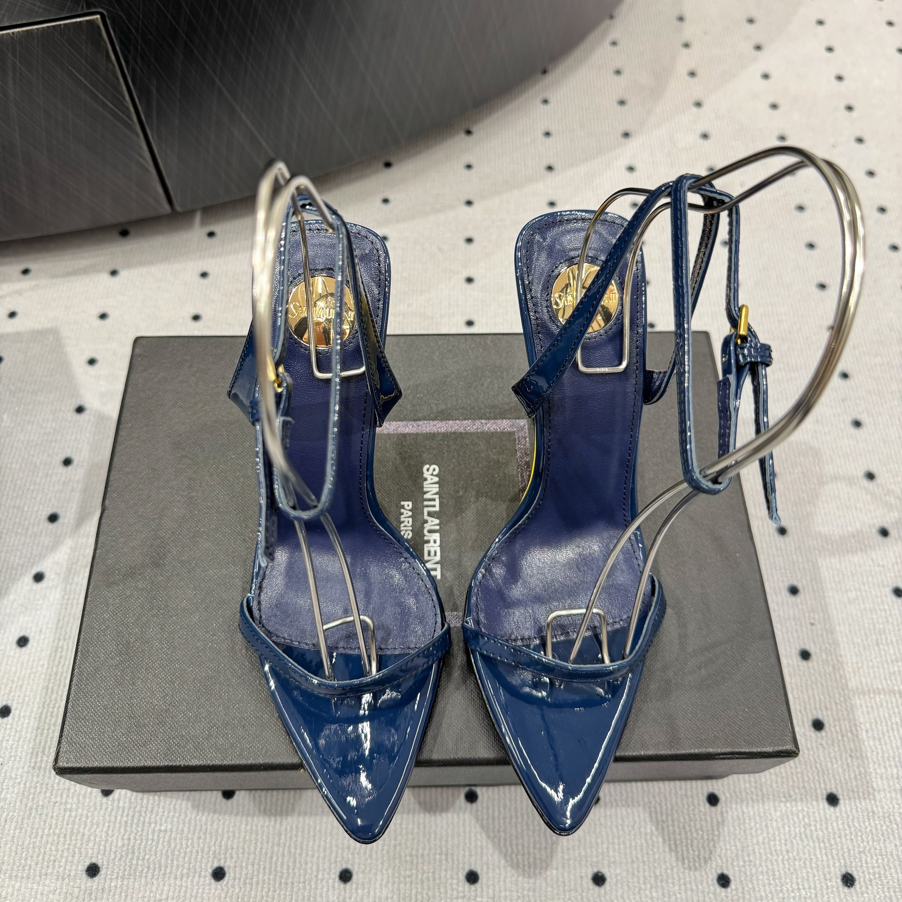 YSL 26S WEDGE HEELS 105 MM IN NAVY BLUE GLOSSY CALFSKIN