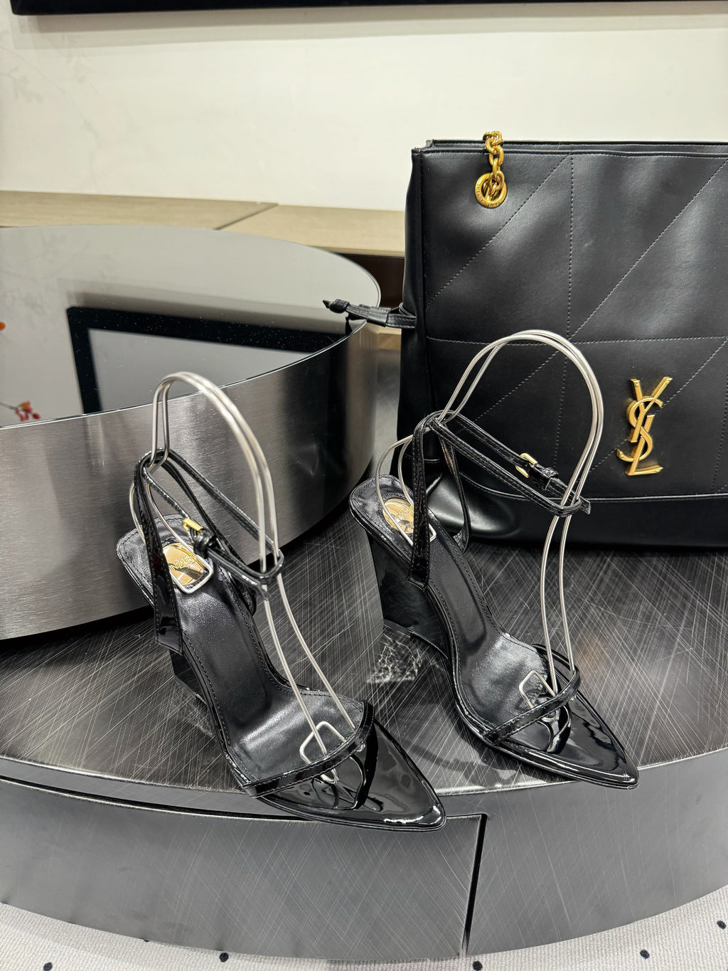 YSL 26S WEDGE HEELS 105 MM IN BLACK GLOSSY CALFSKIN