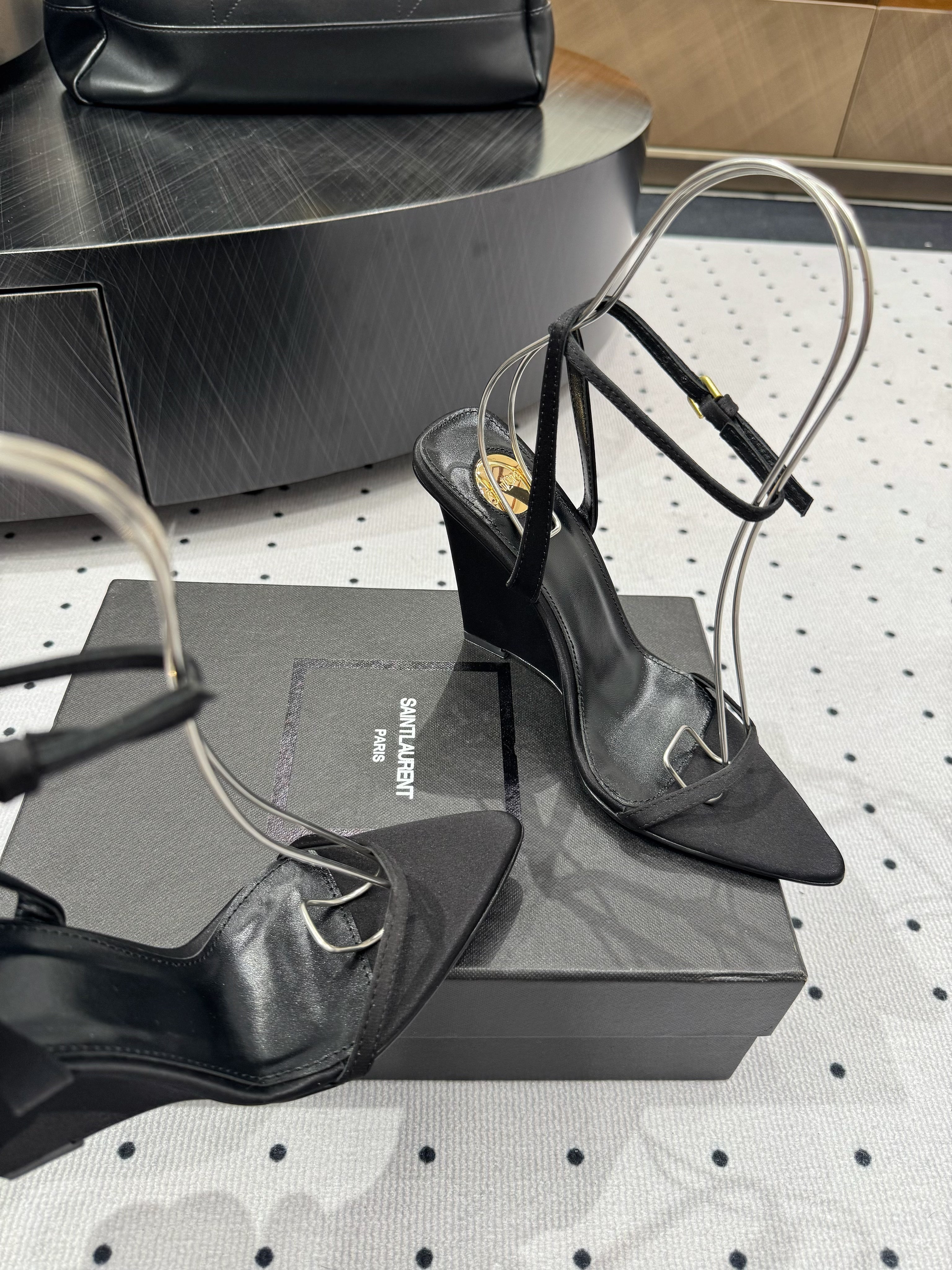 YSL 26S WEDGE HEELS 105 MM IN BLACK SATIN