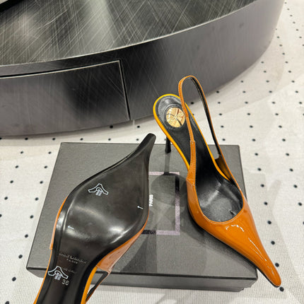 YSL 26S POINTED-TOE SLINGBACK HEELS 105 MM IN DARK ORANGE PATENT CALFSKIN STYLE 2
