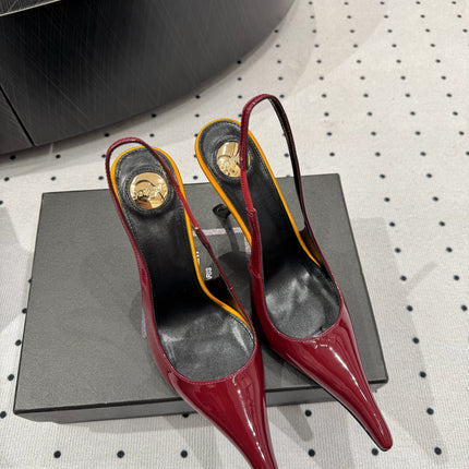 YSL 26S POINTED-TOE SLINGBACK HEELS 105 MM IN DARK RED AND ORANGE PATENT CALFSKIN